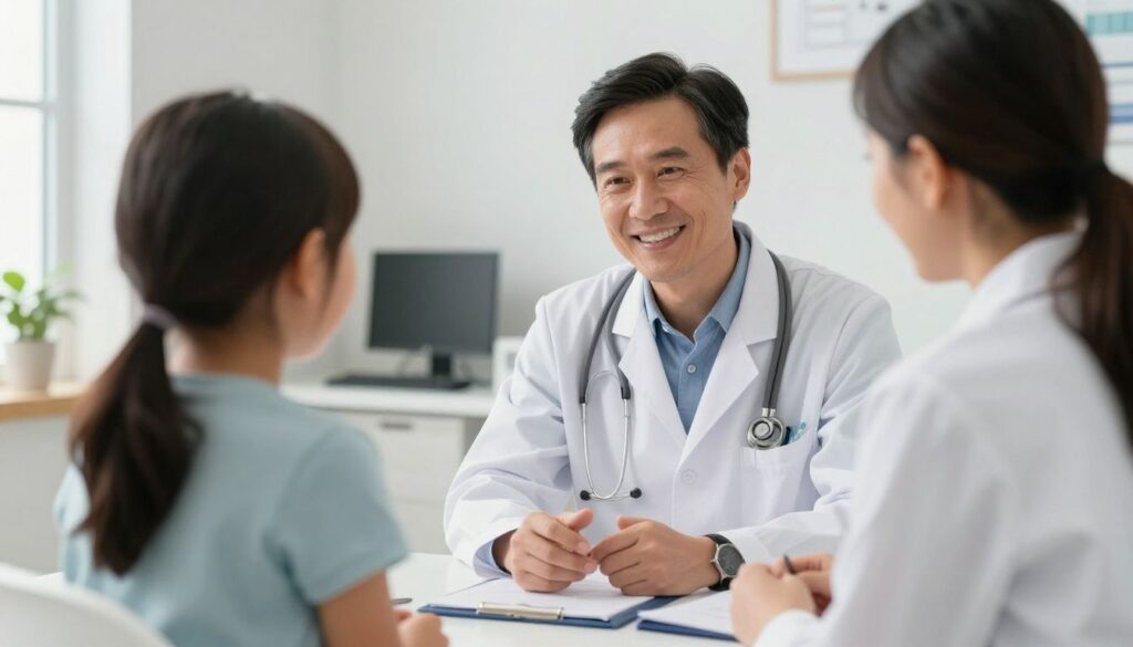A kind, award-winning pediatrician smiling while talking to a young patient in a clean, modern Chicago medical office