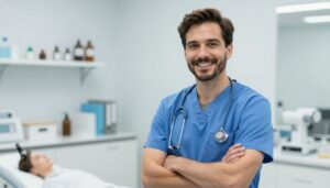 A warm and professional portrait of a pediatrician in a modern, welcoming clinic office in Chicago.