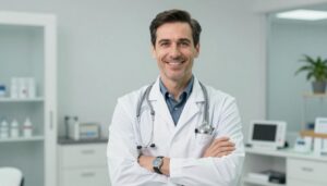 A professional and warm portrait of a pediatrician in a bright, modern clinic setting in Chicago