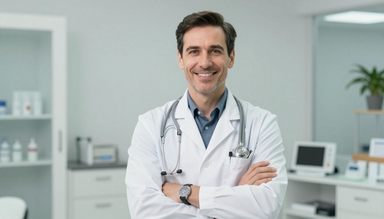 A professional and warm portrait of a pediatrician in a bright, modern clinic setting in Chicago