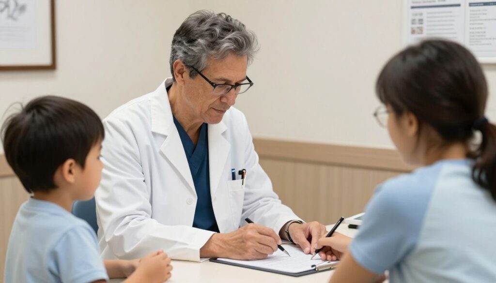 A warm, professional pediatric office in Chicago with Dr. Anna Banas examining a child, reflecting 30 years of compassionate, private-practice care.