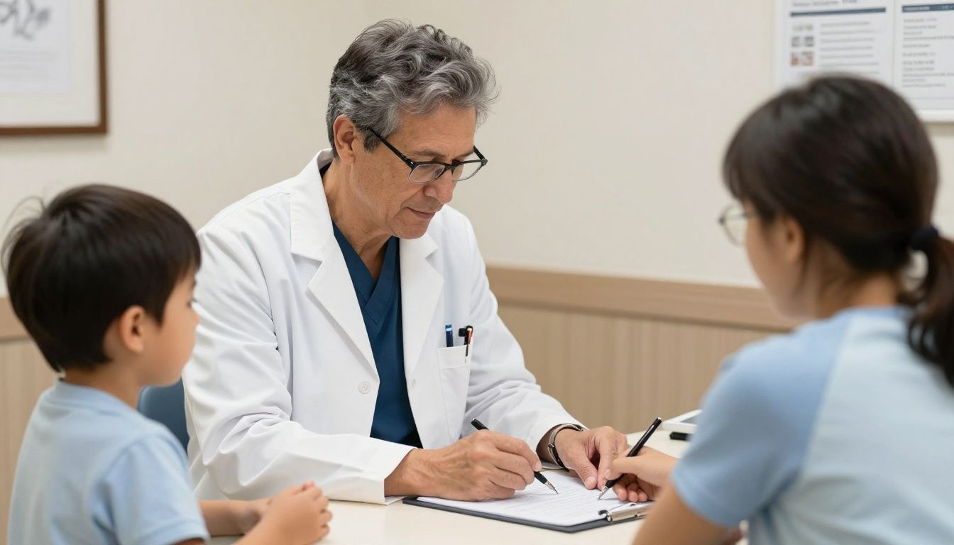 A warm, professional pediatric office in Chicago with Dr. Anna Banas examining a child, reflecting 30 years of compassionate, private-practice care.