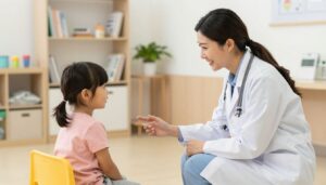 A warm and welcoming pediatric office in Chicago with a friendly doctor interacting with a young child.