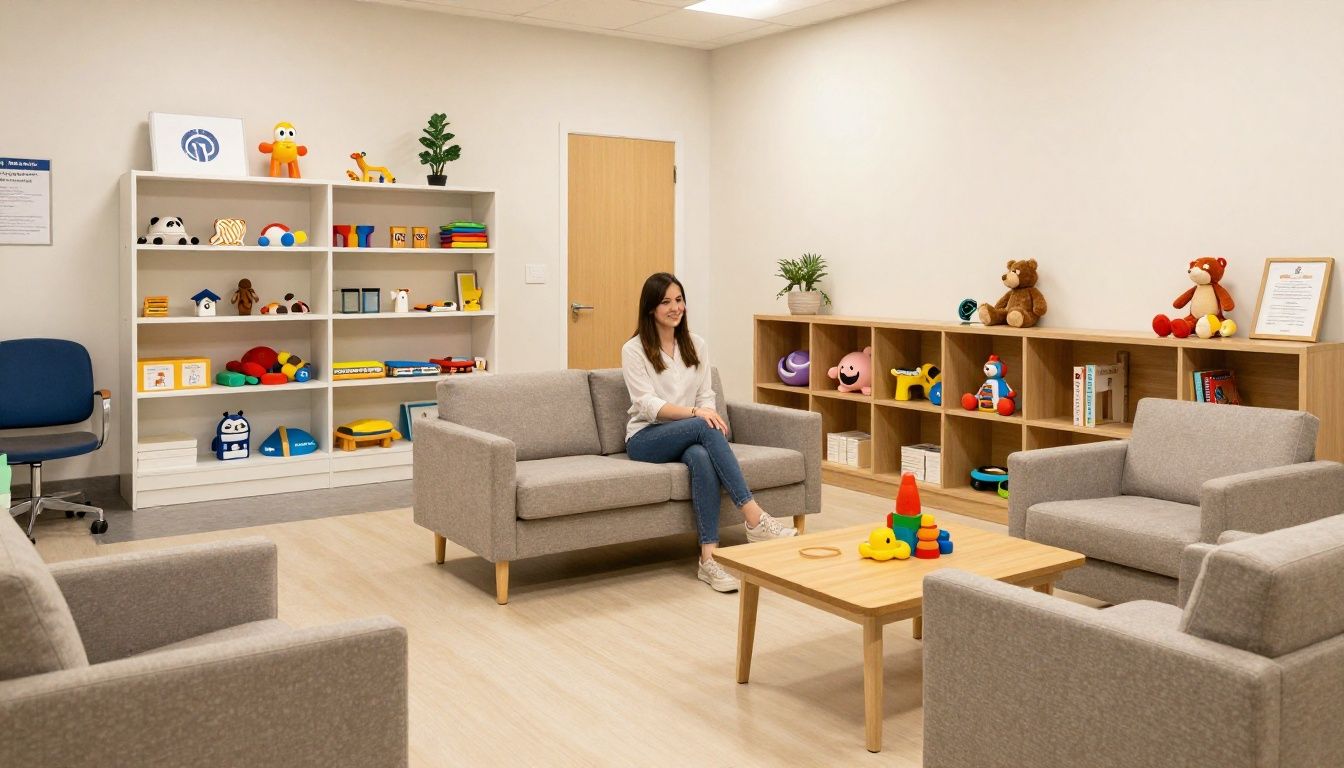 A warm and inviting professional pediatric clinic waiting area in Chicago with toys and comfortable furniture