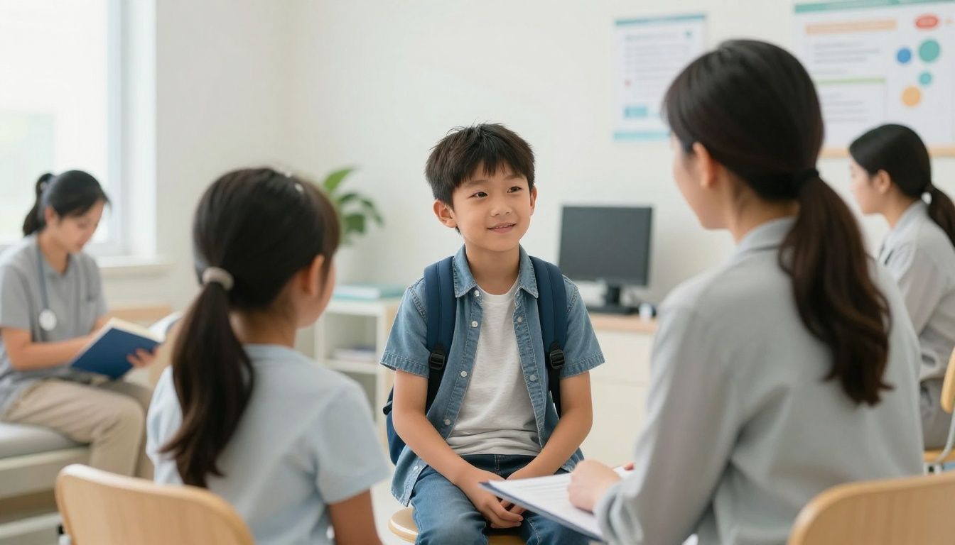 Child and parent arriving for a calm back-to-school physical appointment at a private Chicago pediatric clinic, bright welcoming exam room, photorealistic, no text or logos